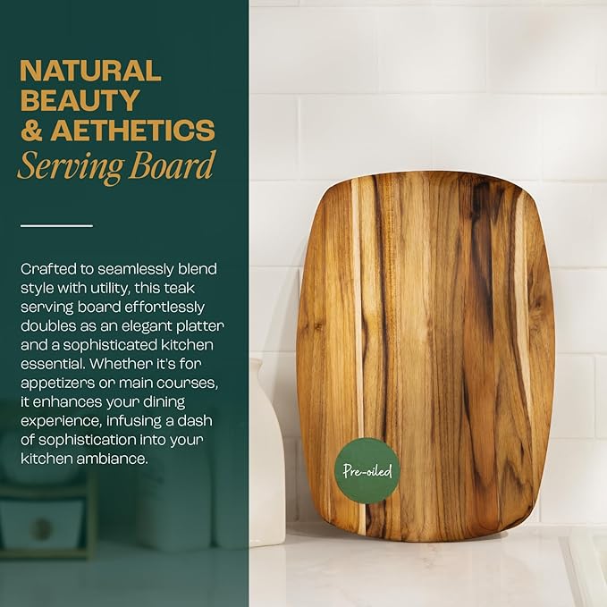 Yes4All Teak Cutting Boards for Kitchen, [16''Lx11''Wx0.6”] Easy Handle Serving Board, Pre-Oiled Teak Wood Charcuterie Board, Multipurpose use for Slicing, Serving, Decorating Wood Cutting Board