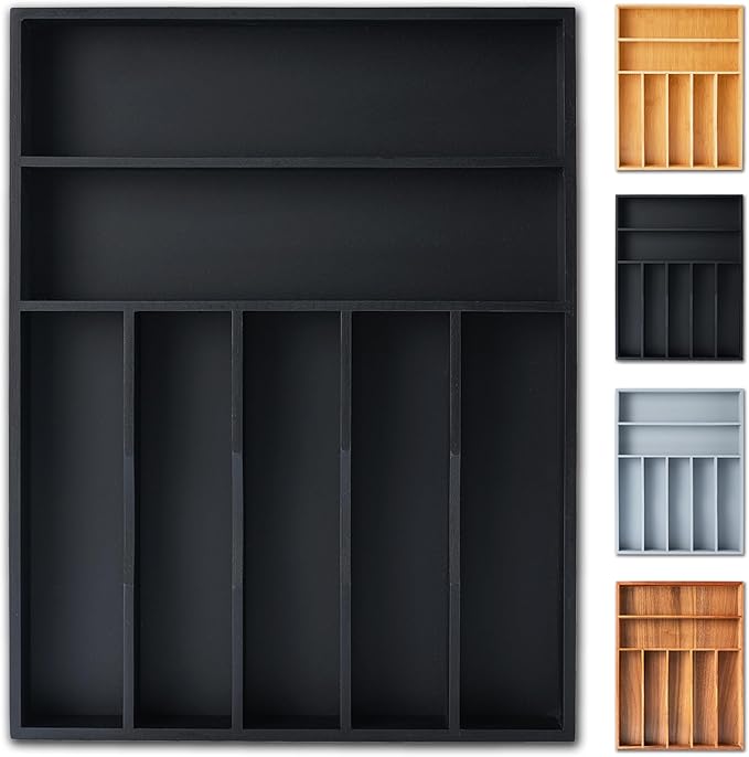 Silverware Organizer, 12.5 Inch Utensil Organizer Kitchen Drawer Organizer Bamboo Silverware Holder Cutlery Tray Organizer in Drawer Flatware Organizer Tray(7 slots, Black）