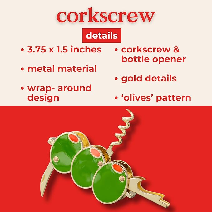 ban.do Novelty Martini Olive Corkscrew and Bottle Opener, Aesthetic Barware and Cocktail Tools (Olives)
