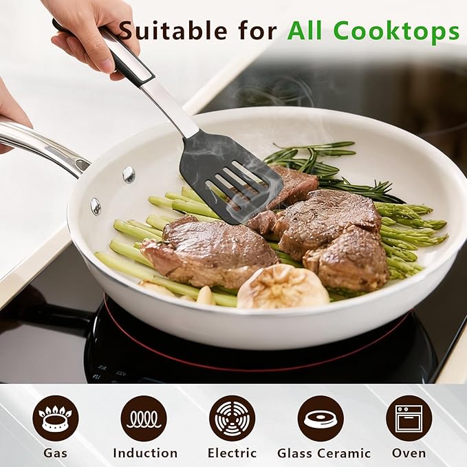 11" Ceramic Frying Pan Nonstick, Skillet, Cooking Pan Non Toxic with Stay Cool Handle for Induction, Chef's Pan, PTFE & PFAS & PFOA Free, Dishwasher/Oven Safe, White