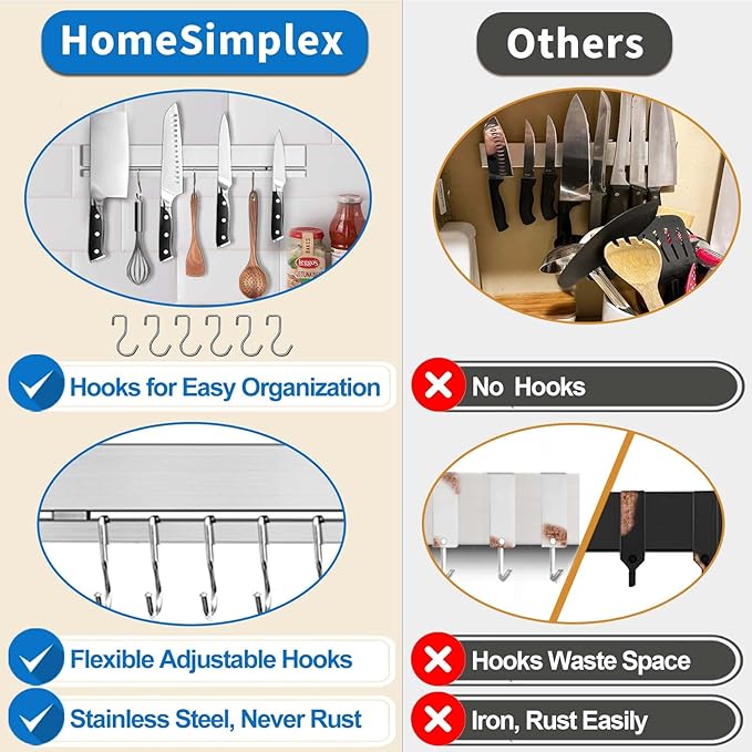 12 Inch Magnetic Knife Holder for Wall, Adhesive Knife Magnetic Strip No Drilling with 6 Hooks, Powerful Magnetic Knife Strip, Magnetic tool Holder for Kitchen Knives & Utensils (Silver)