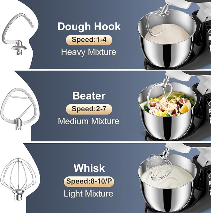 Stand Mixer, POWWA 6.5 QT 10 Speeds Tilt-Head Electric Stand Mixer, 3-In-1 Kitchen Mixer with Bowl, Dough Hook, Whisk and Beater, Food Mixer for Baking and Daily Use (Black White)