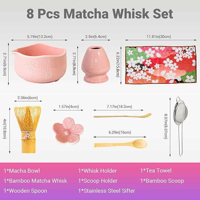 8 Pcs Matcha Whisk Set, Ceramic Matcha Bowl, Whisk and Holder, Bamboo Scoop and Powder Spoon, Scoop Rest, Sifter and Tea Towel, Matcha Set with Cherry Blossom Carved Patterns for Matcha Lovers (Pink)