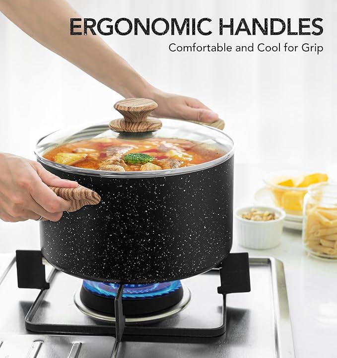 MICHELANGELO 6 Quart Stock Pot with Lid, Nonstick Soup Pot with Lid, 6 Qt Cooking Pot Induction Compatible, Non Stick Pots with Stay-cool Handle, Nonstick Pots for Cooking, Black Granite