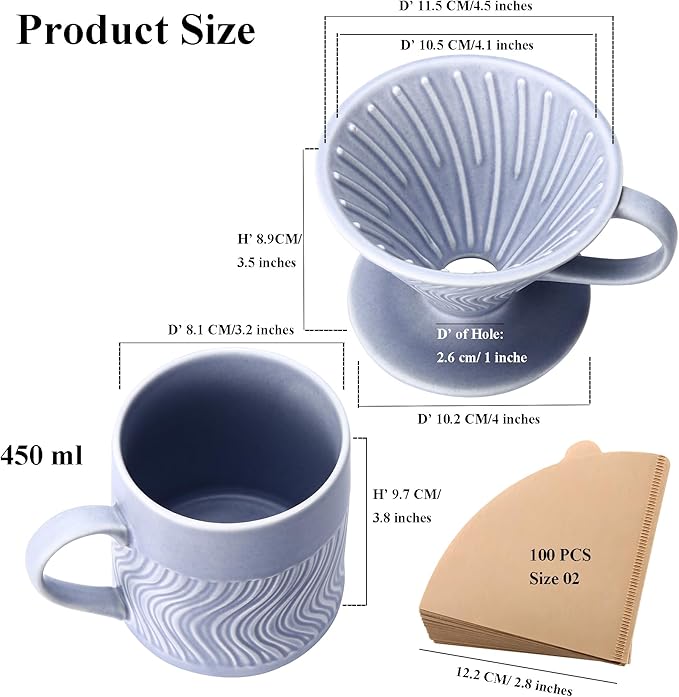 Pour Over Coffee Maker with 100 Sheets of V60 Paper Filter, 15 oz Ceramic Coffee Mug & Ceramic Coffee Dripper, 1 Cup-Single brew coffee set, Purple