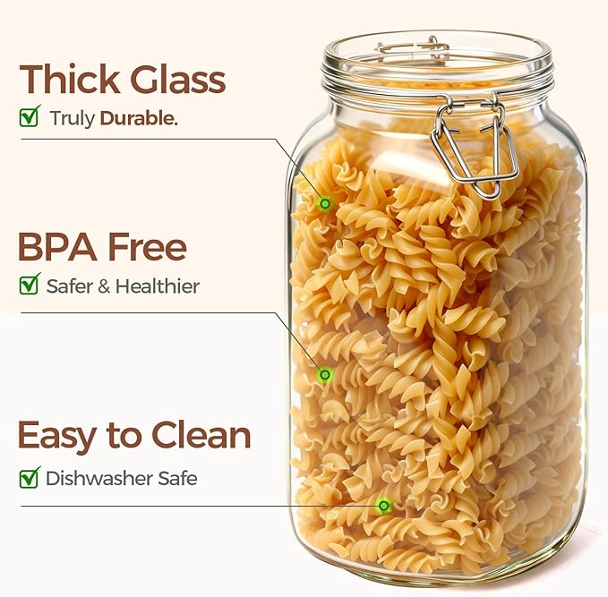 ComSaf Airtight Glass Jars with Lids 78oz Set of 3, Food Storage Canister Square - Storage Container with Clear Preserving Seal Wire Clip Fastening for Kitchen Canning Flour, Cereal, Pasta, Beans