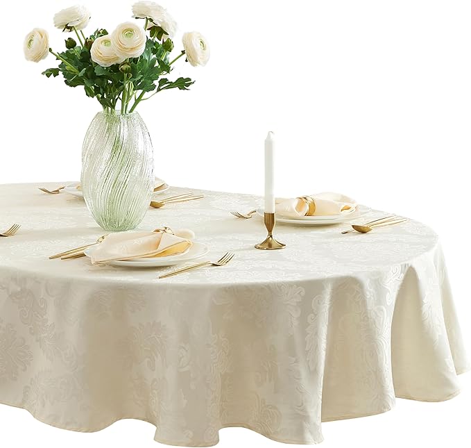 Newbridge Barcelona Luxury Damask Fabric Tablecloth, 60” Wide x 102” Oval, Antique White, 100% Polyester, No Iron, Soil Resistant Dining Room, Party and Banquet Table Cover