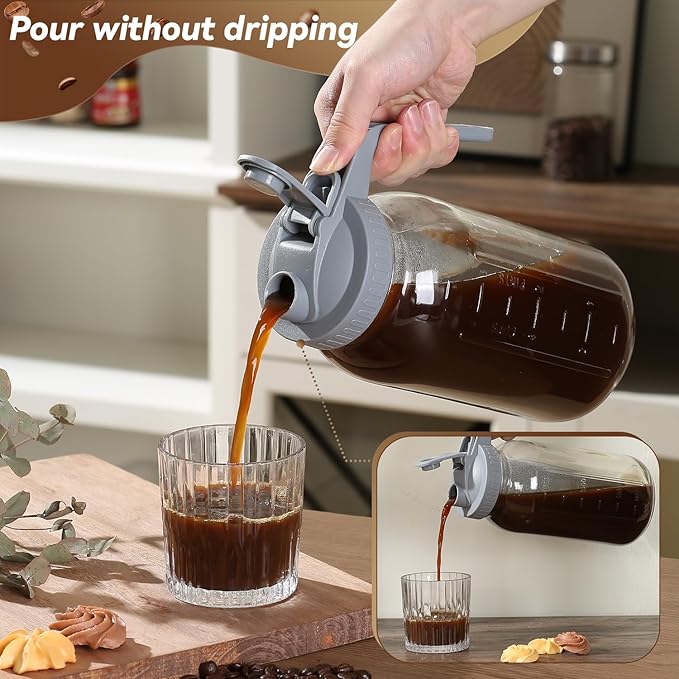 Cold Brew Coffee Maker Pitcher 64-ounce Glass Wide Mouth Mason Jar with Stainless Steel Filter and Pour Spout Handle Lid (Grey, 64Ounce)