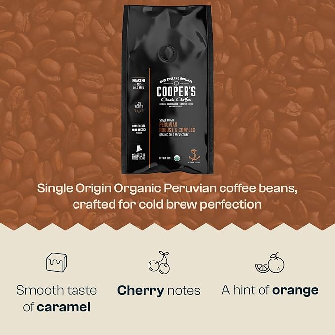 Organic Cold Brew Coffee Peru Reserve Single Origin Peruvian Coarsely Whole Bean - 5 lb. Bag - Medium Roast