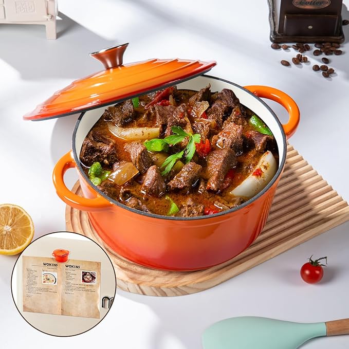 Enameled Cast Iron Dutch Oven Pot with Lid Heavy-Duty Cookware for Bread Baking, Braising, Stews, Roasting,5.5QT，orange
