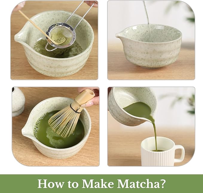 Matcha Whisk Sets, 5 Pcs Handmade Ceremony Matcha Kit, Ceramic Matcha Bowl with Spout, Whisk Set for Making Matcha, Gift for Lover, Family, Friends, Tea Enthusiasts