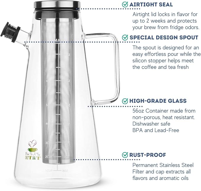 BTaT- Airtight Cold Brew Iced Coffee Maker Pitcher, 2 Liter/ 64 oz, Iced Tea Maker with Spout, Brewing Glass Carafe with Removable Stainless Steel Filter