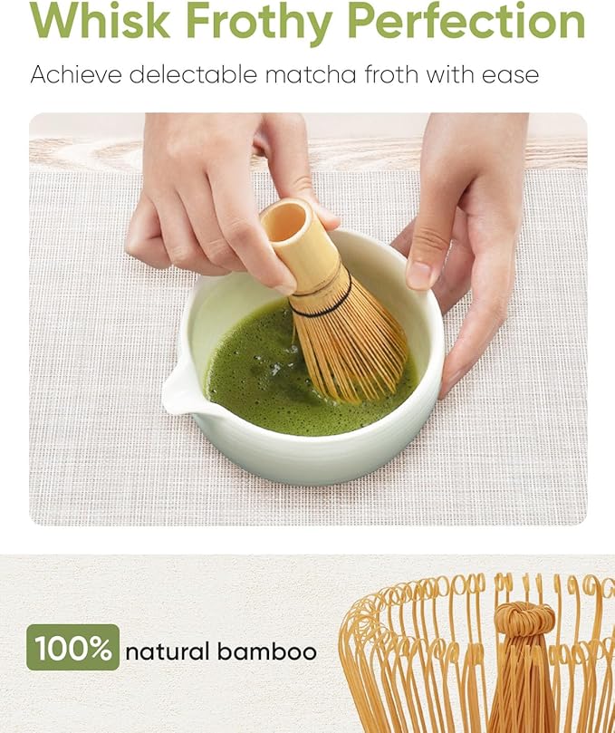 Matcha Whisk Set Kit, 5-PC Ceramic Matcha Bowl with Spout & Holder, Bamboo Whisk, Sifter, Scoop, Traditional Japanese Matcha Tea Making Tools, Complete Gift Set