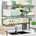 Dish Drying Rack - Over The Sink Dish Drainer Drying Rack with Utensil & Knife Holder, Hooks, Stainless Steel Kitchen Organizers and Storage Solution, 11.8" D x 31.5"~39.0''W x 30" H, Gray