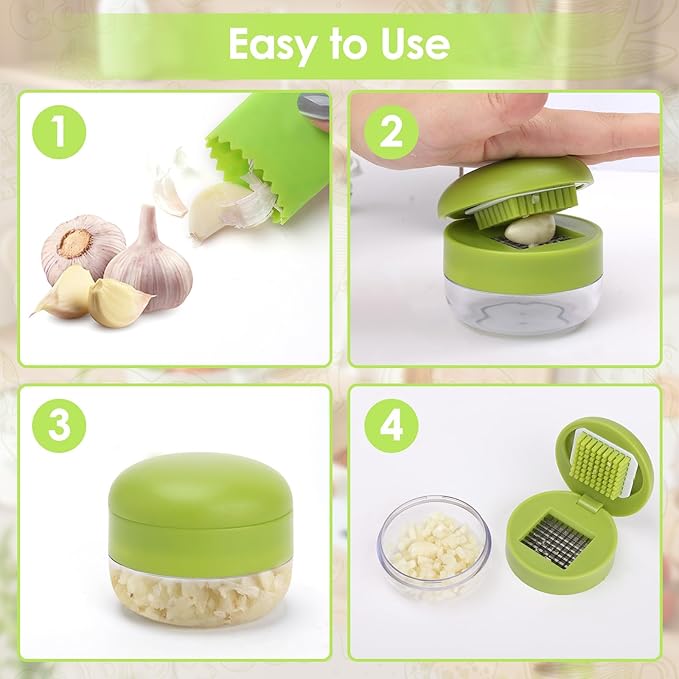 2 Pcs Garlic Press Set, Stainless Steel Garlics Crusher with Silicone Peeler and Cleaner Brush, Easy to Use Garlic Chopper for Shredded Garlic, Ginger and Fruit