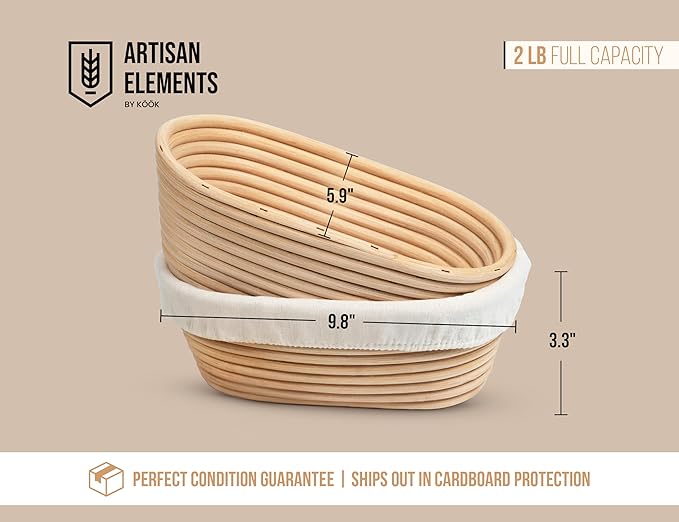 Kook Banneton Bread Proofing Baskets, Artisan Sourdough Bread Making Baskets, 9.8 Inch Handwoven Rattan Baskets and Cloth Liners, Set of 2, Oval