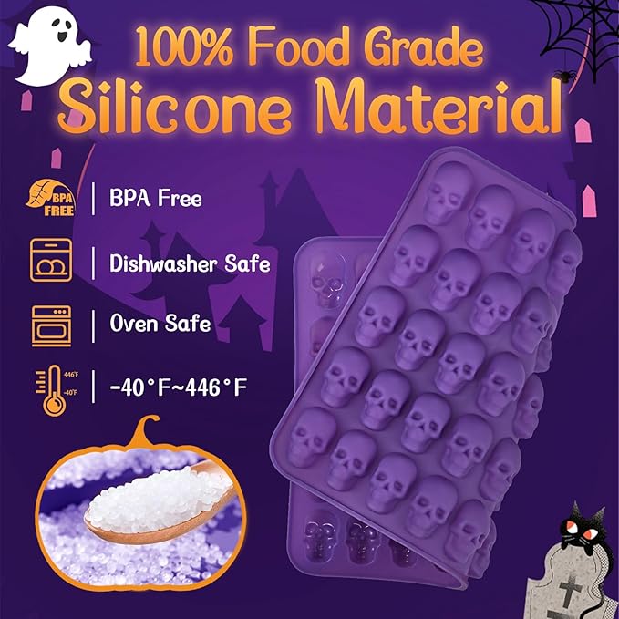 JOERSH Halloween Chocolate Silicone Molds, 2PCS Skull Shaped Candy Mold Non Stick for Chocolate, Fondant, Gummy, Jello, Ice Cubes, Dessert Cake Decorating
