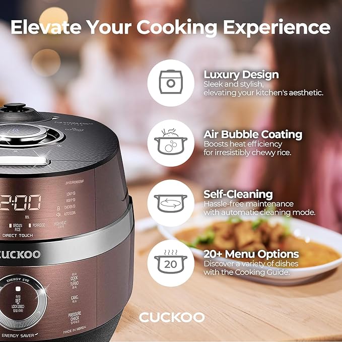 CUCKOO High Pressure Rice Cooker 6-Cup Uncooked / 12-Cup Cooked with Induction Heating Technology, Versatile Rice Maker with 16 Menu Options and Steam Plate, Voice Guide, Copper (CRP-JHR0609F)