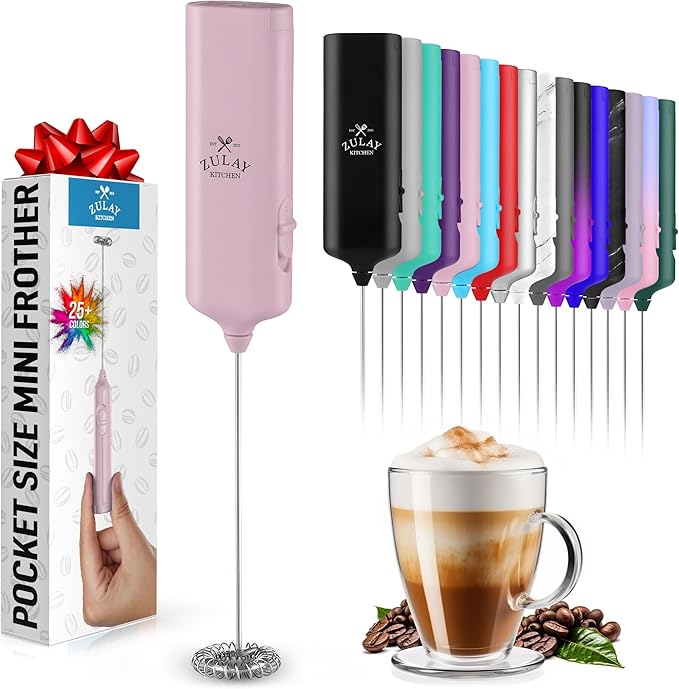 Mini & Mighty Milk Frother Wand – Powerful Handheld Coffee Frother, Battery Operated Drink Mixer – Compact Pocket Size – Detachable Whisk for Latte, Cappuccino, Matcha, Hot Chocolate – Pink