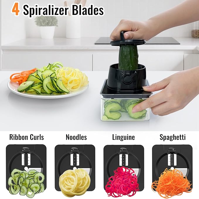 12 Blade All-in-1 Vegetable Chopper Mandoline Slicer with Container, Spiralizer with Contianers, Food Chopper, Onion Chopper, Veggie Cutter for Salad, Kitchen Gadgets Accessories Essentials, Black