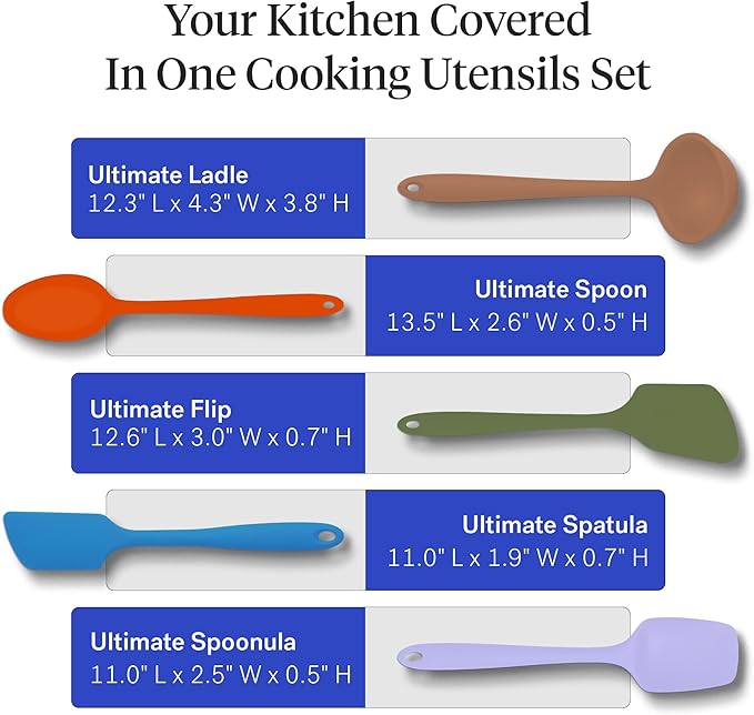 GIR: Get It Right 5 Piece Silicone Ultimate Kitchen Utensils Set - Ladle, Spatula, Flip, Spoon & Spoonula - Non-Toxic Cooking Utensils for Nonstick Cookware, Cooking and Baking - Mediterranean