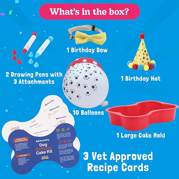 BoneItUp Dog Birthday Cake Kit - Bake Birthday Cakes for Dogs - Dog Party Supplies Set with - Large Cake Mold, 3 Vet-Backed Cake Recipes, 2 Drawing Pens, 10 Balloons, Birthday Hat & Bow