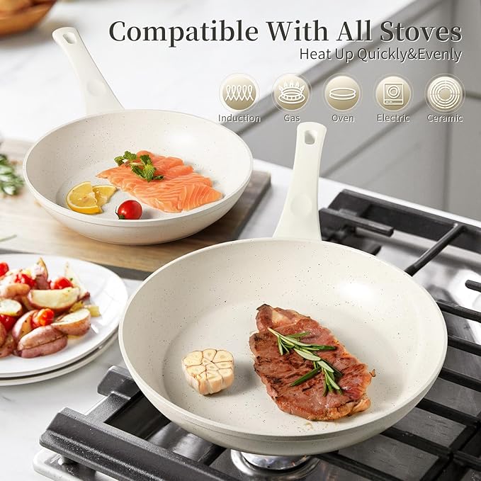 Innerwell Ceramic Frying Pan Set, Set of 3 Non Stick Frying Pans, White Ceramic Induction Cookware, Nonstick Skillet Omelette Egg Frying Pan Set, kitchen Cooking Pan Set, PFOA&PFAS Free