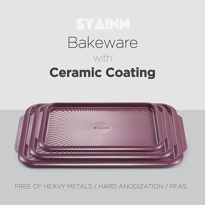 SYAINN Non-stick Ceramic Baking Sheet Set, 3 Pieces- Aluminum Steel Cookie Sheets for Baking-Includes Half/Quarter/Jelly Roll Pans-Warp Resistant, Toxic, PTFE & PFOA Free-Red