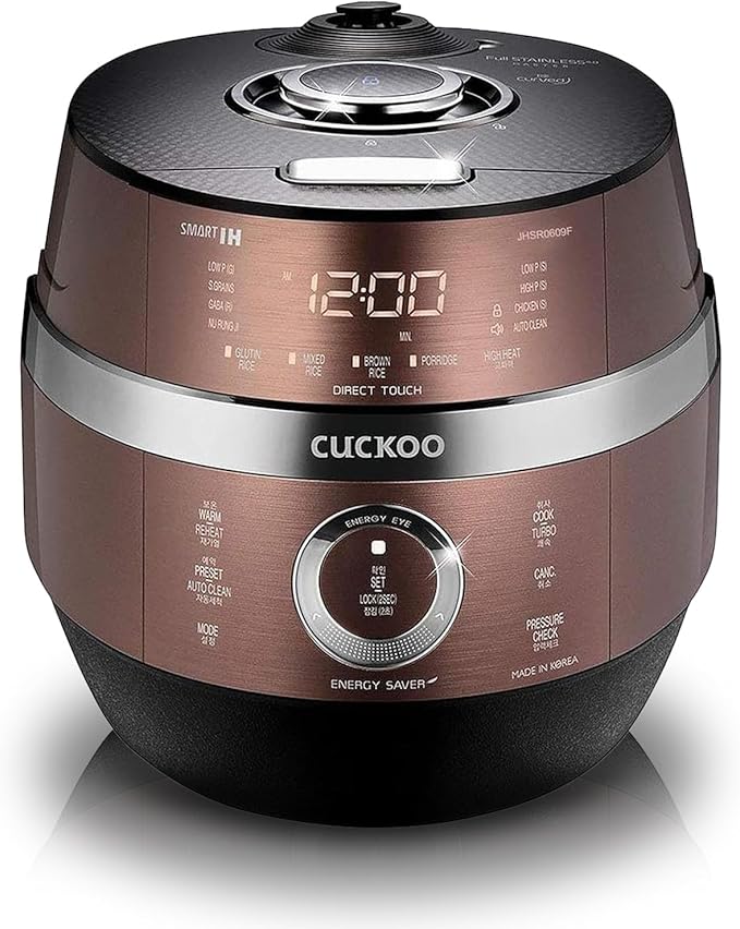 CUCKOO High Pressure Rice Cooker 10-Cup Uncooked / 20-Cup Cooked with Induction Heating Technology, Large Rice Maker with 16 Menu Options and Steam Plate, Voice Guide, Copper (CRP-JHR1009F)