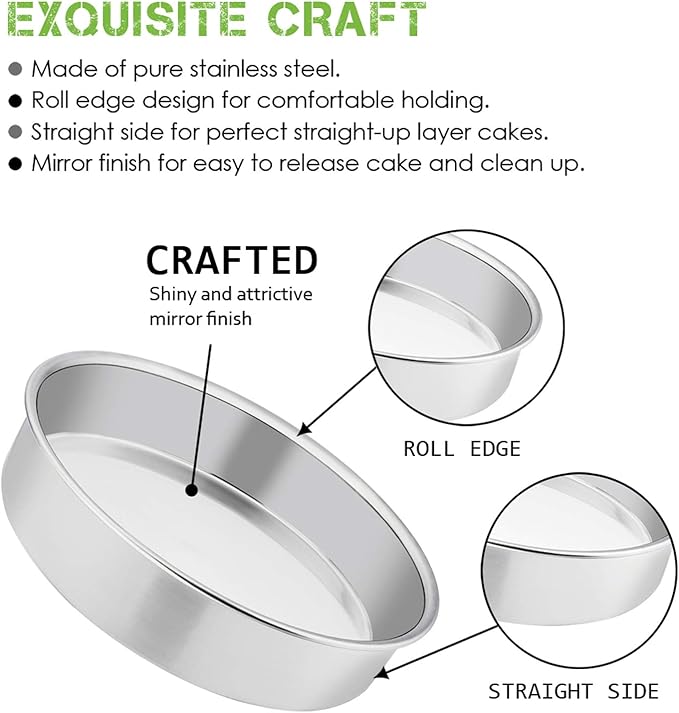 E-far 8 Inch Cake Pan Set of 2, Stainless Steel Round Layer Cake Baking Pans, Non-Toxic & Healthy, Mirror Finish & Dishwasher Safe