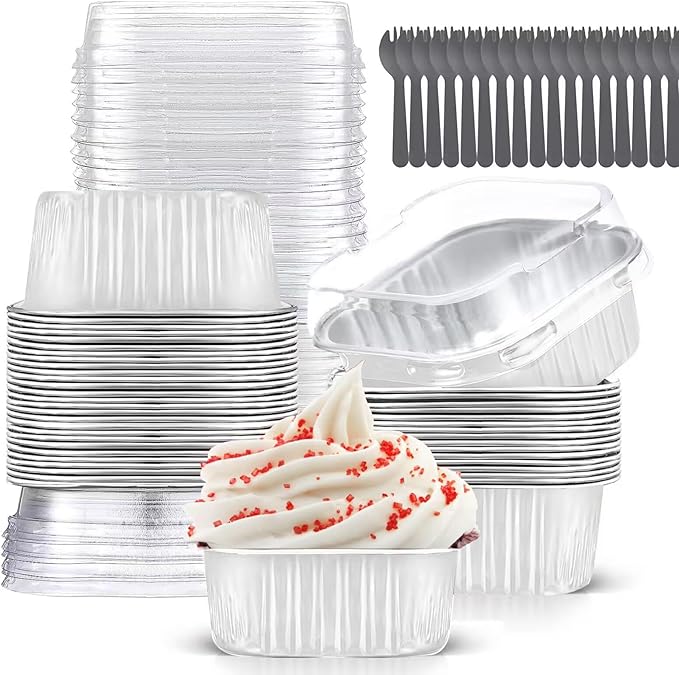 Mini Cake Pans With Lids (10oz,40 Pack) Aluminum Foil Square Cupcake Liners Brownie Baking Cups,Disposable 4”x4” Large Cupcake Pan,Jumbo Muffin Tin Ramekins Holders