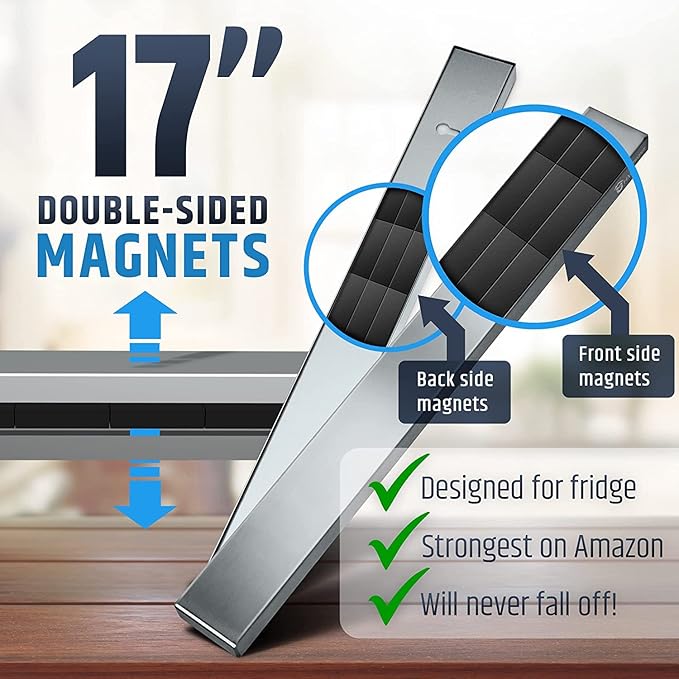 17" Premium Magnetic Knife Holder for Refrigerator (Double-Sided Heavy-Duty Magnets) - Upgraded Strip for Strong Fridge Mount - Clear Up Counter Space - 304 Anti-Rust Stainless Steel (Upgraded Design)