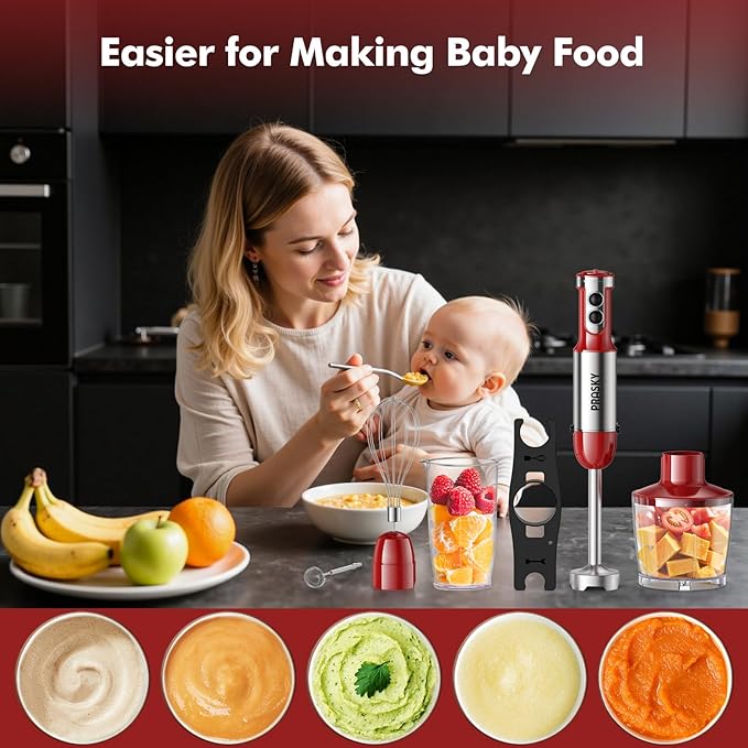Immersion Blender Handheld，1200W Hand Blenders, 20 Speed & Turbo Mode Hand Held Blender, Stainless Steel Blades, Milk Frother Wand, Whisk, 600ml Beaker, 500ml Chopper (Red)
