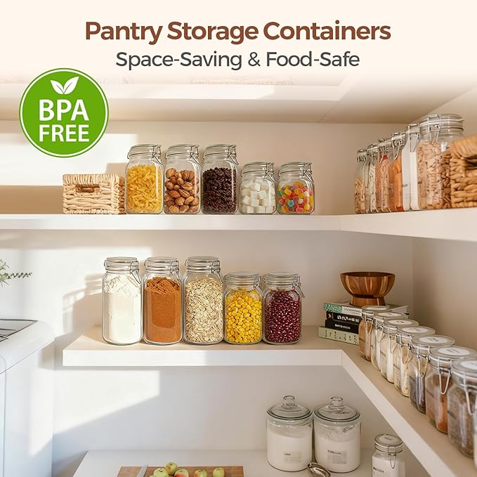 ComSaf Airtight Glass Canister Set of 3 with Lids 50oz Clear Food Storage Jars Square, Kitchen & Pantry Organization Food Storage Container for Canning, Sugar, Flour, Pasta, Candy, Cereal, Coffee