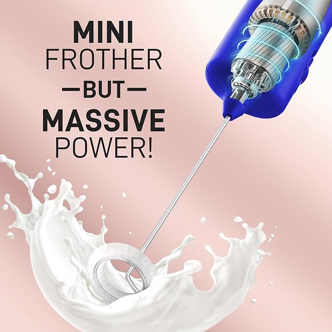 Mini & Mighty Milk Frother Wand – Powerful Handheld Coffee Frother, Battery Operated Drink Mixer – Compact Pocket Size – Detachable Whisk for Latte, Cappuccino, Matcha, Hot Chocolate – Royal Blue