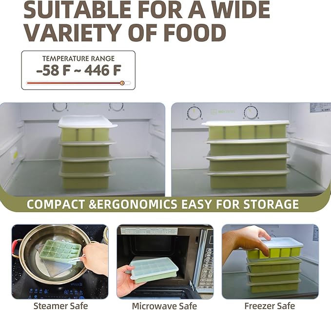 2 Tbsp Silicone Freezer Molds - Perfect for Storing Garlic, Herbs, Ginger, Pesto, Tomato Paste, Lemon Juice, Purees and More - Silicone Food Freezer Tray(Green 2 Pack)