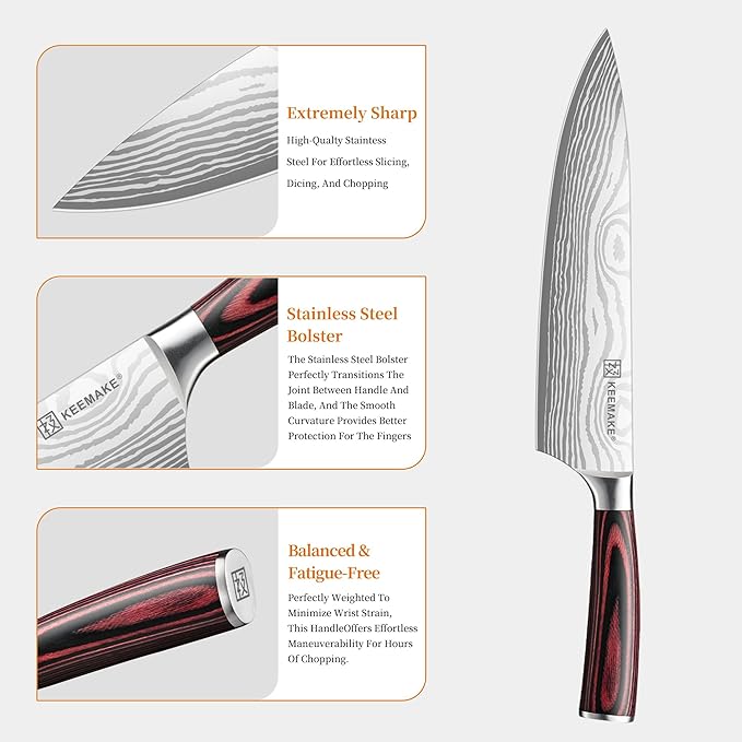 KEEMAKE Knife Set 5 Pieces, Professional Kitchen Knife Set, High Carbon Stainless Steel Chef Knife Set, Ultra Sharp Blade Knives Set for Kitchen with Ergonomic Pakkawood Handle & Gift Box