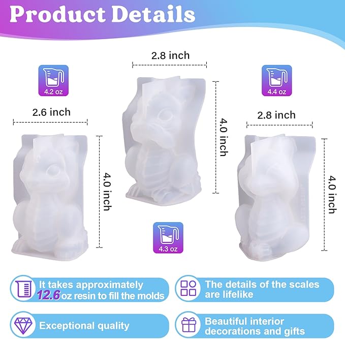 LET'S RESIN Dragon Resin Molds, Hear, Speak, See No Evil 3 Pcs Dragon Epoxy Resin Molds, Lively 3D Animal Silicone Molds for Epoxy Resin, Art Craft, Gift