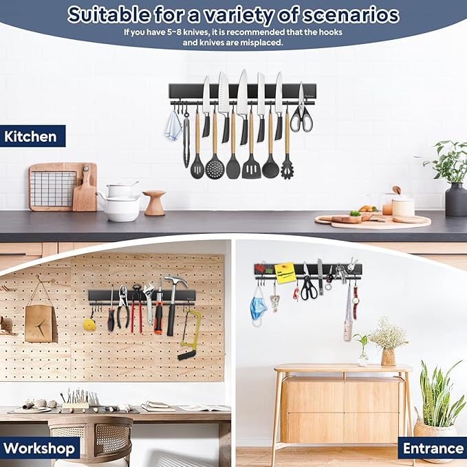 17 inch magnetic knife holder with 10 hooks, No Drilling black knife magnetic strip and utensil hanger for wall, Powerful knife magnet rack include tape and screws