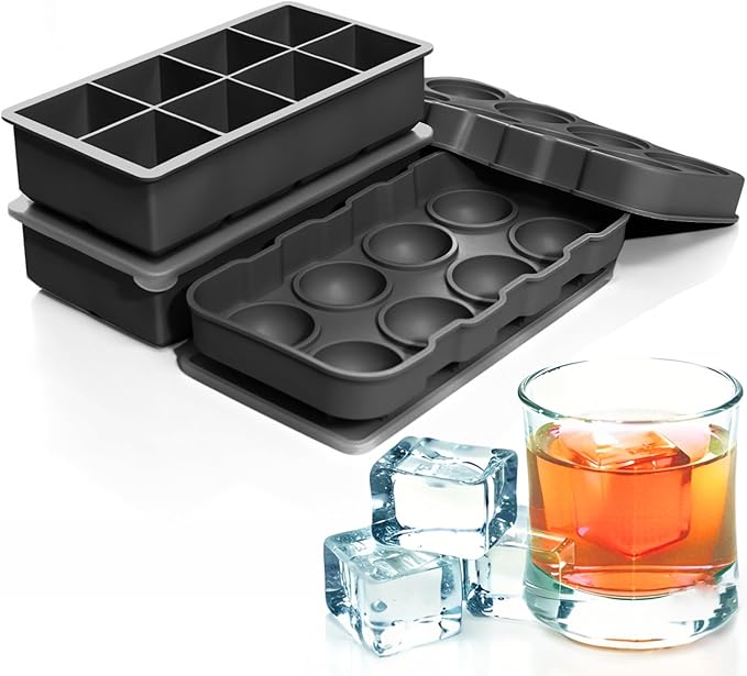 Large Ice Cube Trays Perfect for Whiskey and Summer Drinks - Italian Design - 2 Pack (16 x Ice Cubes | Square and Round | XL size) - Cosvino - Removable Lid, Easy Release (Tuxedo Black)