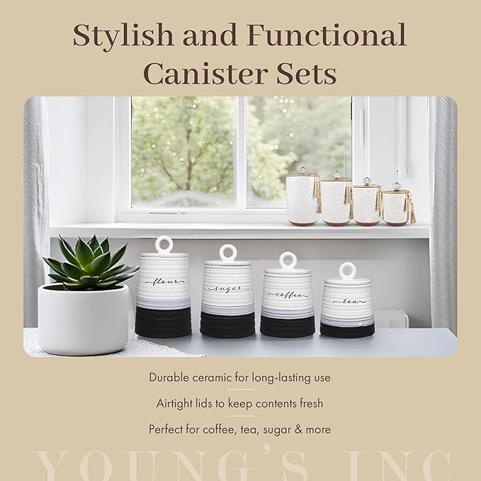 Young's Inc. 4 Pcs Set Blue Lagoon Nautical Ceramic Canisters- Storage Container for Kitchen and Bathroom - Beautiful Home Decor Accent to Store Food, Coffee, Tea, and More - White, Blue
