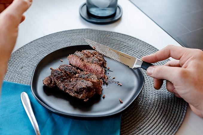 DURA LIVING Premium 4-Piece Steak Knife Set – Sharp Serrated Blades, Forged High Carbon Stainless Steel, Full Tang, Ergonomic Handle, Black – Perfect for Dining