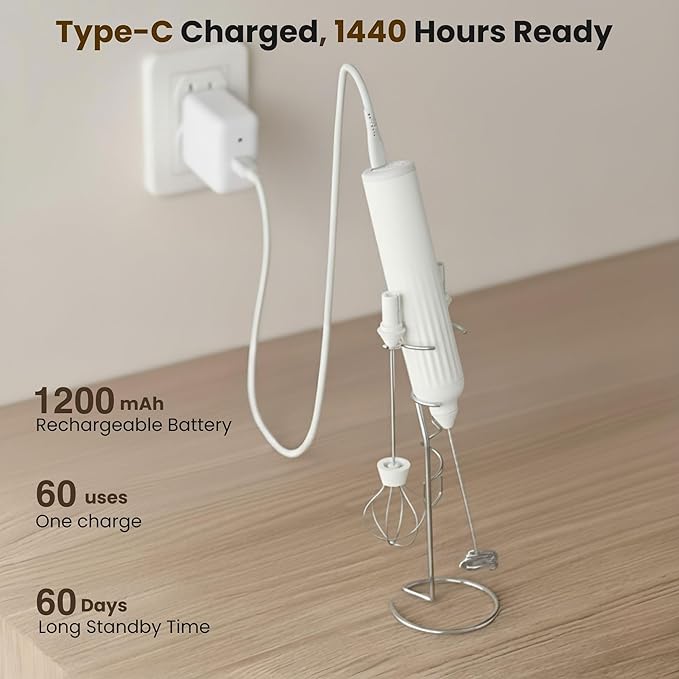 Milk Frother Handheld with 3 Stainless Steel Whisks, Rechargeable Electric Drink Mixer with Stand & Travel Case, Milk Foamer for Coffee, Latte, Cappuccino, Hot Chocolate, Egg,Jam Supplement-White