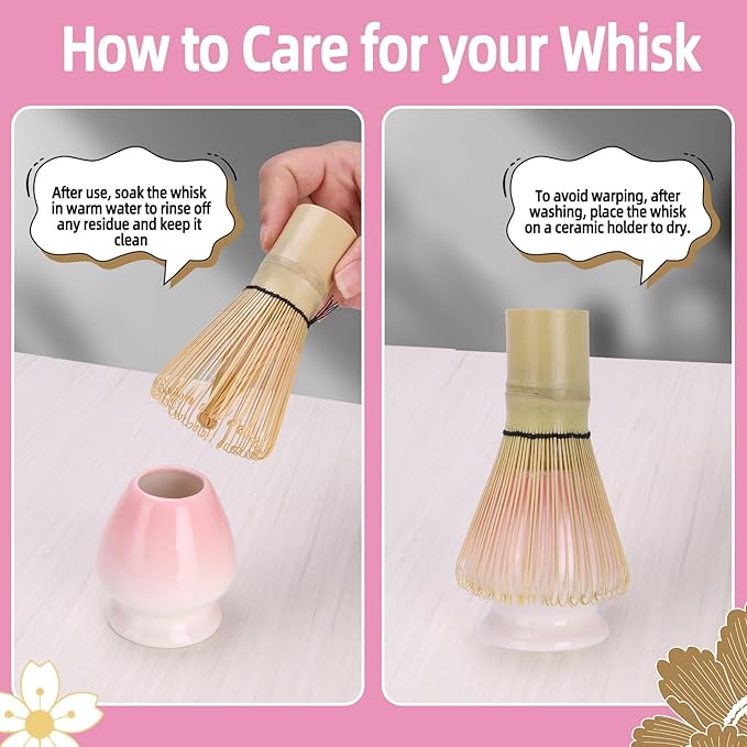 Matcha Whisk Set,4pcs Matcha Set Whisk and Bowl with Spout,Ceramic Matcha Whisk Holder,Scoop(Chashaku),Matcha Kit for Matcha Lovers Kitchen Matcha Accessories,Ideal Gift Christmas(Gradient Pink)