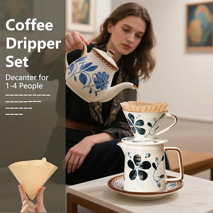 Ceramic Pour Over Coffee Maker Set, Ceramic Coffee Dripper with Single Hole, Coffee Pot & 100 Paper Filters for Home, Travel, Camping (1-4 Cup)