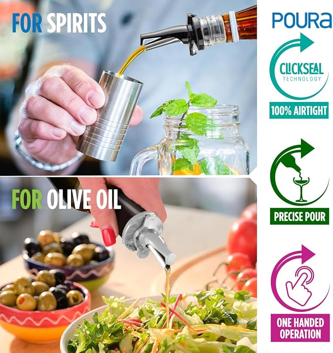 3-in-1 Liquor Pour spout with Built-in Fruit Fly Protection - BPA Free & Dishwasher Safe Hygienic Alcohol Speed Spouts - Also for Olive Oil, Juice, Syrup. Silver 2 Pack