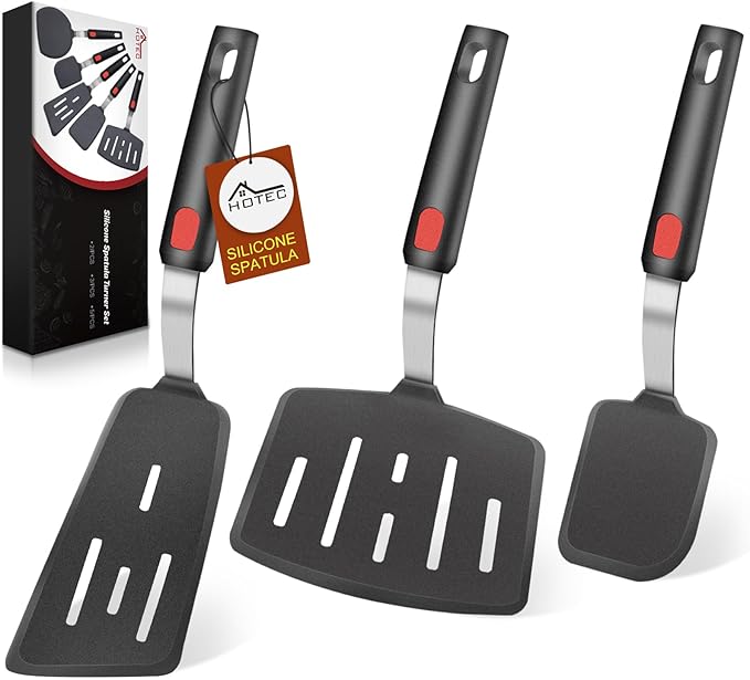Hotec Silicone Spatula Turner for Nonstick Cookware, Cooking Spatulas 600°F Heat Resistant Large Flexible Rubber Spatula Set of 3, Kitchen Utensils for Flipping Eggs, Burgers, Pancakes, Crepes