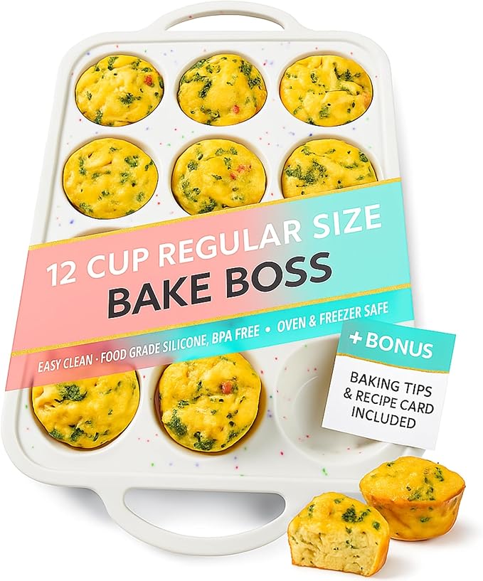 12-Cup Silicone Muffin Pan with Metal-Reinforced Handles – Nonstick, Non-Toxic Cupcake Pan for Baking – Easy-Release, BPA-Free, Dishwasher-Safe Silicone Muffin Tray - 1 PACK - CREAM