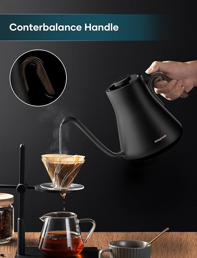 Electric Kettle, Gooseneck Electric Kettle, ±1℉ Precise Temperature Control, Stainless Steel Interior, Quick Heating for Pour Over Coffee, Tea & Boiling Water, 0.9L (Matte Black & Wood)