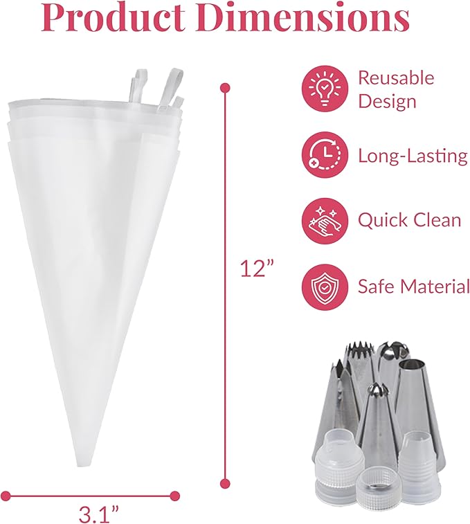 Prestee Reusable Piping Bags and Tips Set - 5 TPU 12-Inch Piping Bags with 5 Metal Icing Tips and 2 Couplers - Flexible and Durable Frosting Piping Kit for Cake Cupcake Cookie Decorating - Transparent